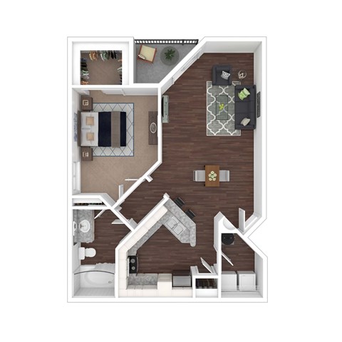 Floor plan for 1 bed, 1 bath, 740 sqft